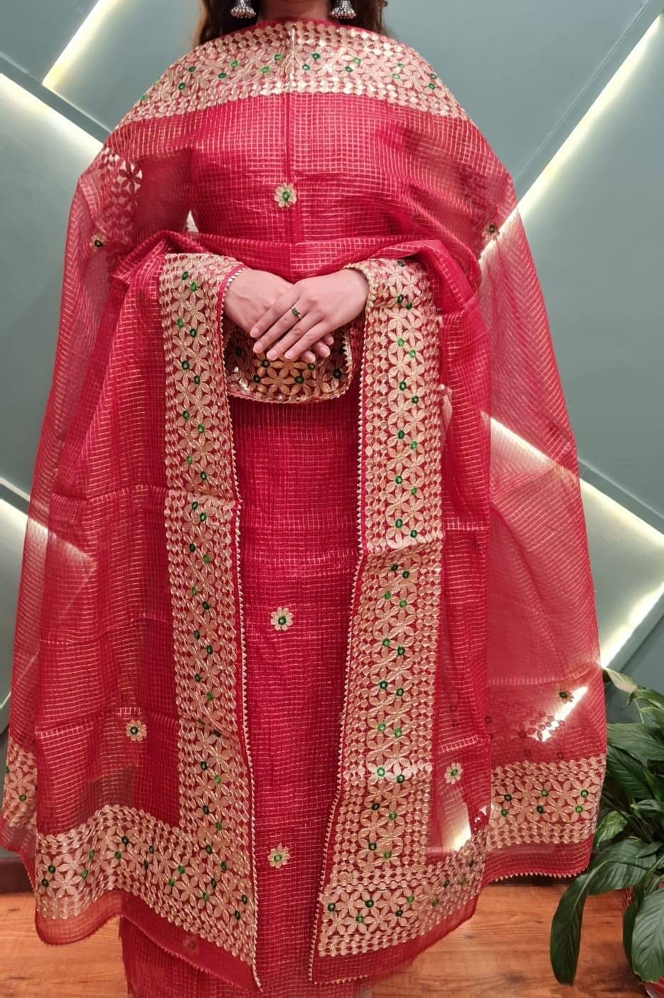 Red Kota Doria Cotton Gota-Patti Work Dress Material With Bottom.