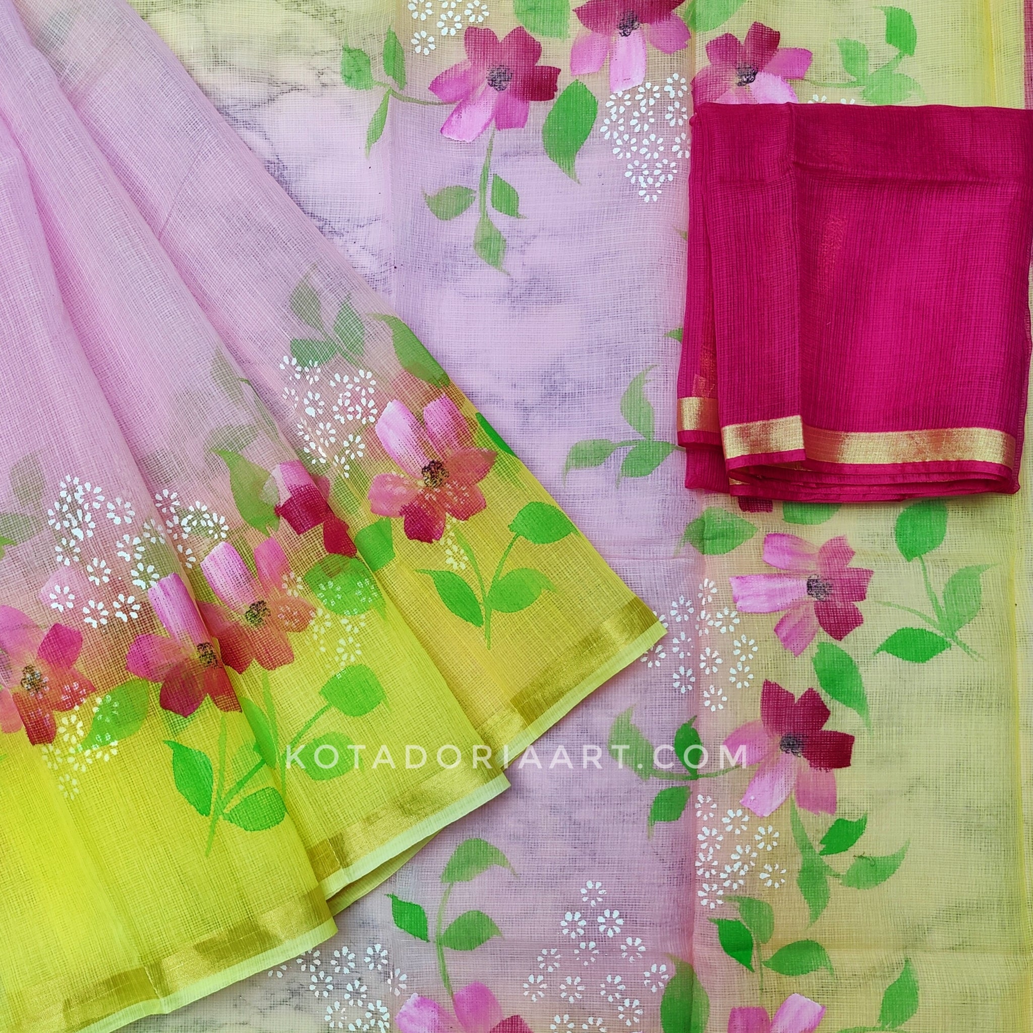 Purple Cotton Kota Doria Hand Painted Saree With Contrast Blouse