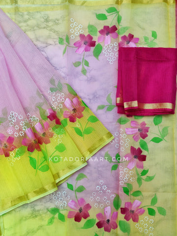 Purple Cotton Kota Doria Hand Painted Saree With Contrast Blouse