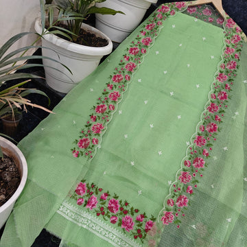 Green Kota Doria Cotton Embroidery Work Dress Material