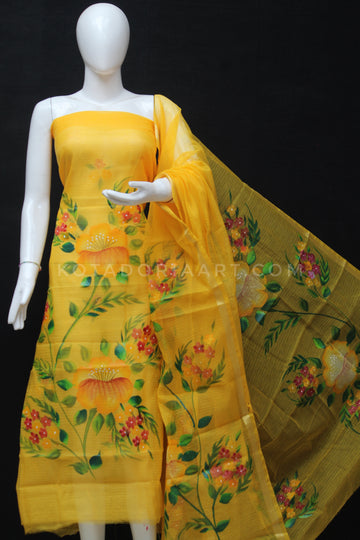 Yellow Kota Doria Cotton Hand Pented Dress Material With Bottom.