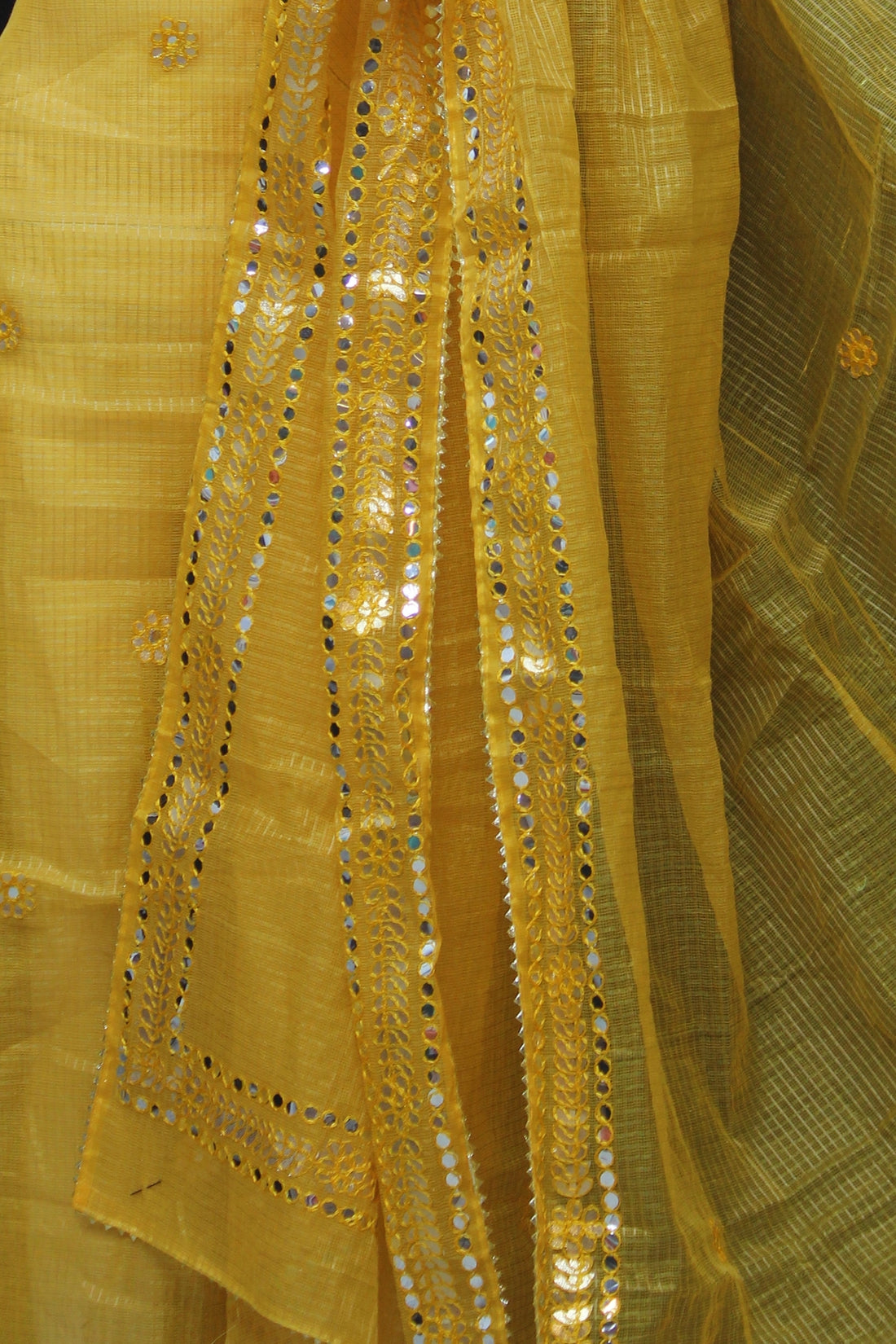Yellow Kota Doria Cotton Gota-Patti Work Dress Material with Bottom