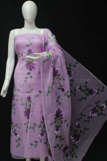 Purple Kota Doria Cotton Hand Pented Dress Material With Bottom.