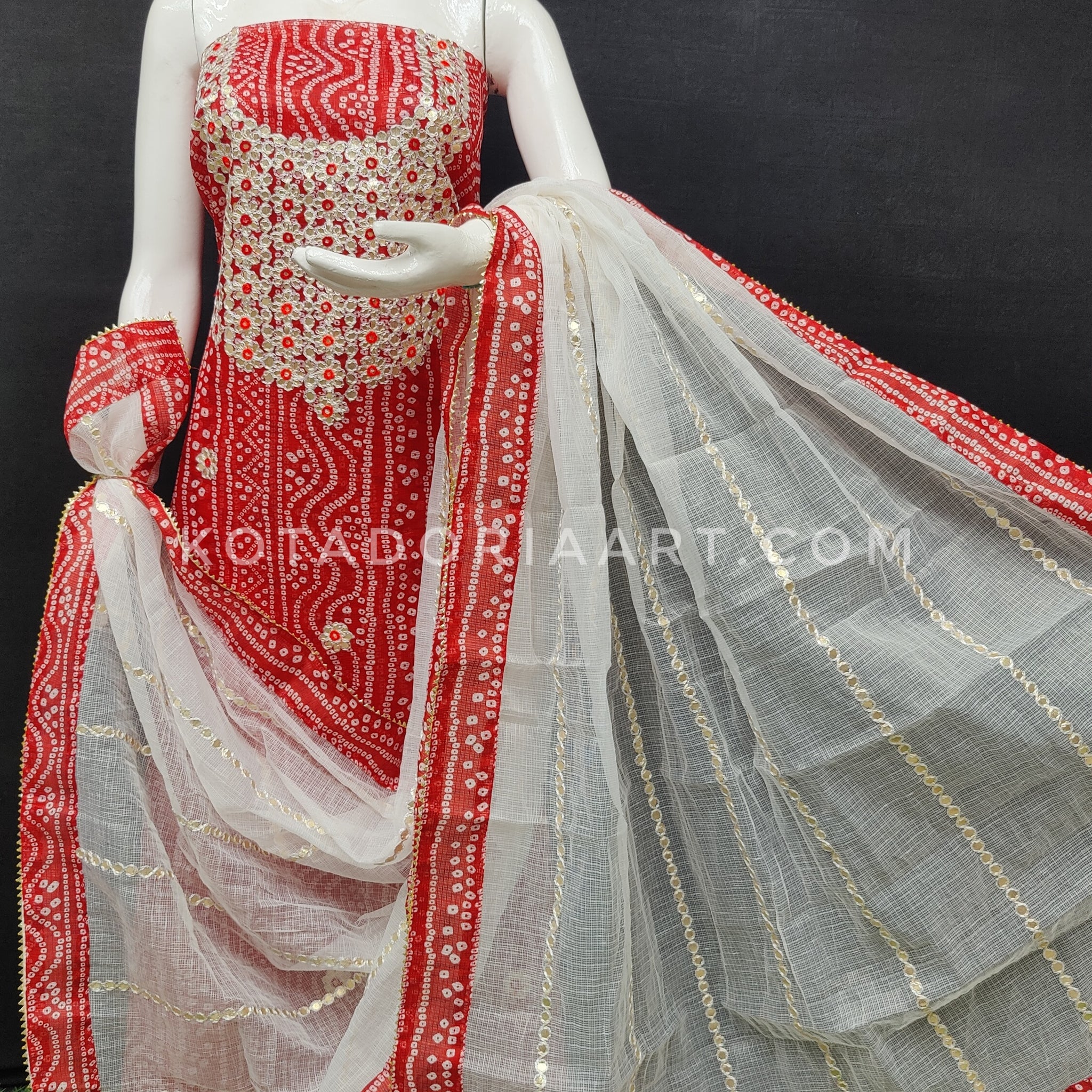 Red Bandhej Kota Doria Cotton Gota-Patti Work Dress Material