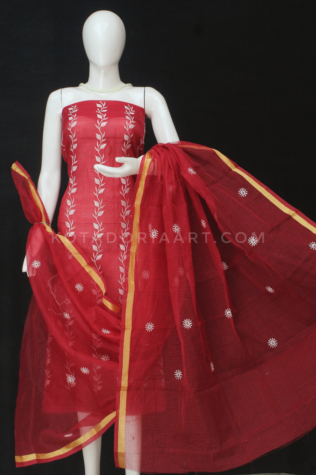 Red Kota Doria Cotton Embroidery Work Dress Material