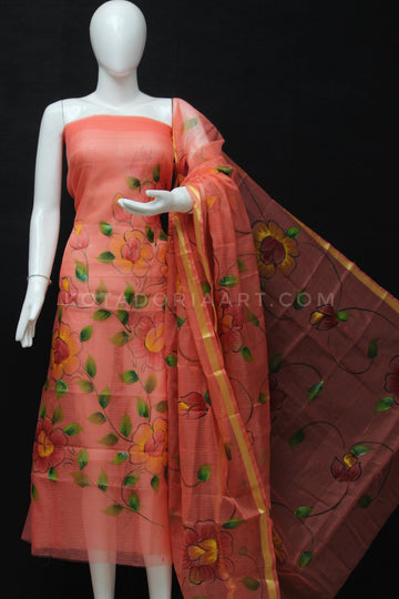 Carrot Doria Cotton Hand Pented Dress Material With Bottom.