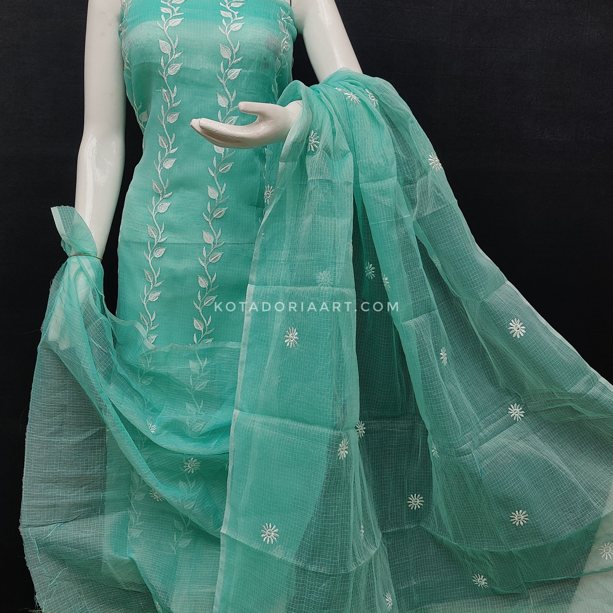 Sea-Green Kota Doria Cotton Embroidery Work Dress Material