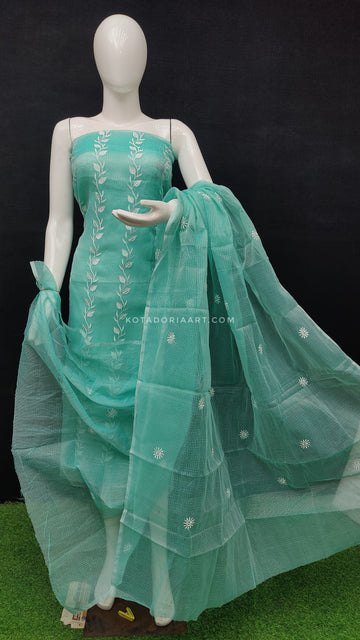 Sea-Green Kota Doria Cotton Embroidery Work Dress Material