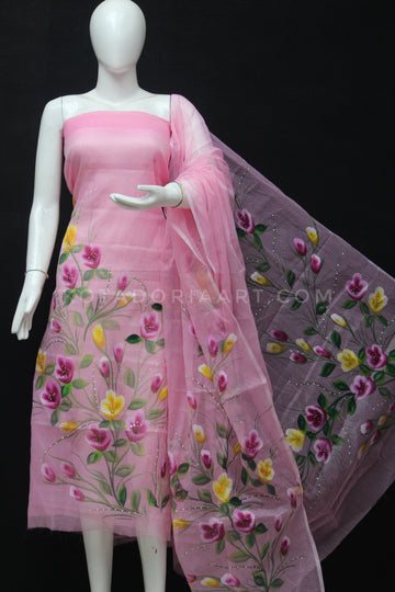 Pink Kota Doria Cotton Hand Pented Dress Material With Bottom.