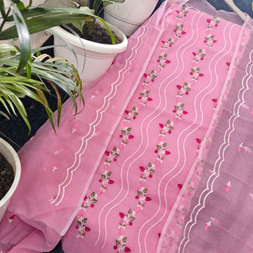 Pink Kota Doria Cotton Embroidery Work Dress Material