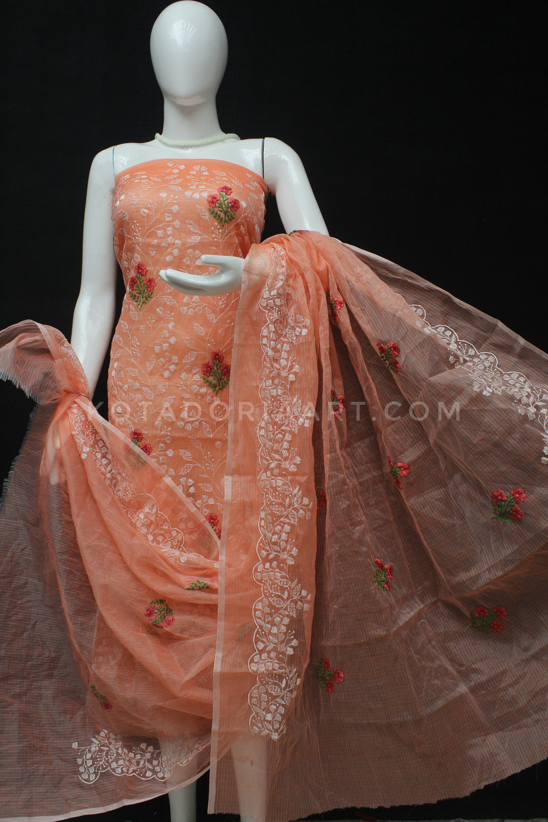 Orange Kota Doria Cotton Embroidery Work Dress Material -