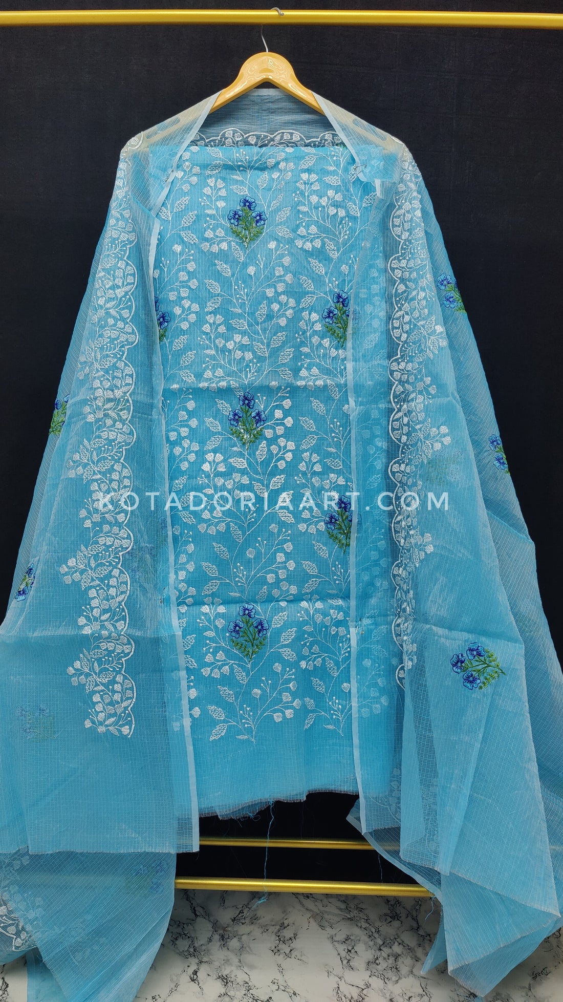 Sky-blue Kota Doria Cotton Embroidery Work Dress Material