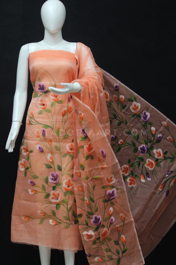 Orange Kota Doria Cotton Hand Pented Dress Material With Bottom.