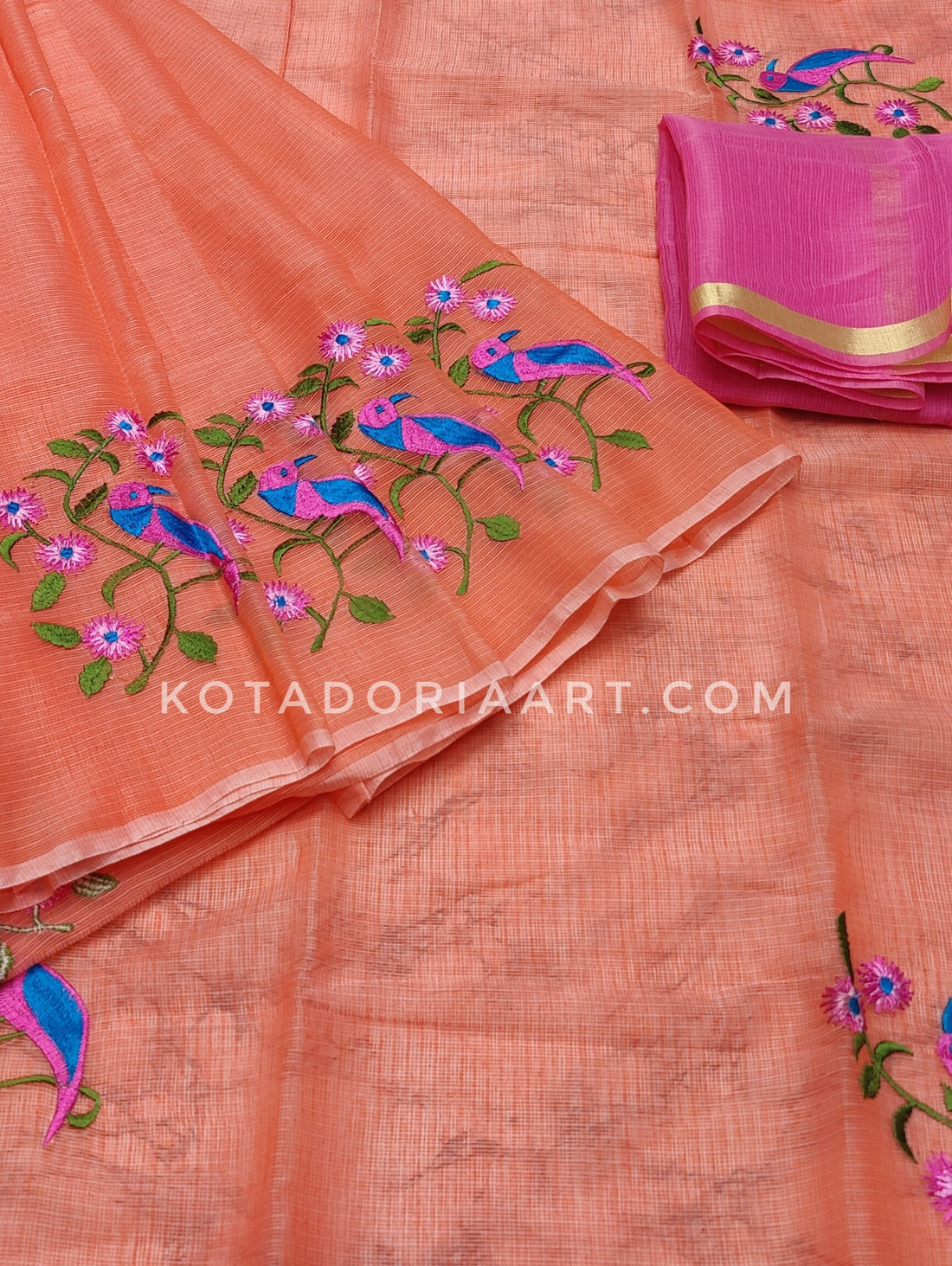 Orange Cotton Kota Doria Embroidery Work Saree With Contrast Blouse Piece