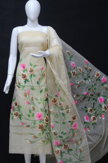 Beige Kota Doria Cotton Hand Pented Dress Material With Bottom.