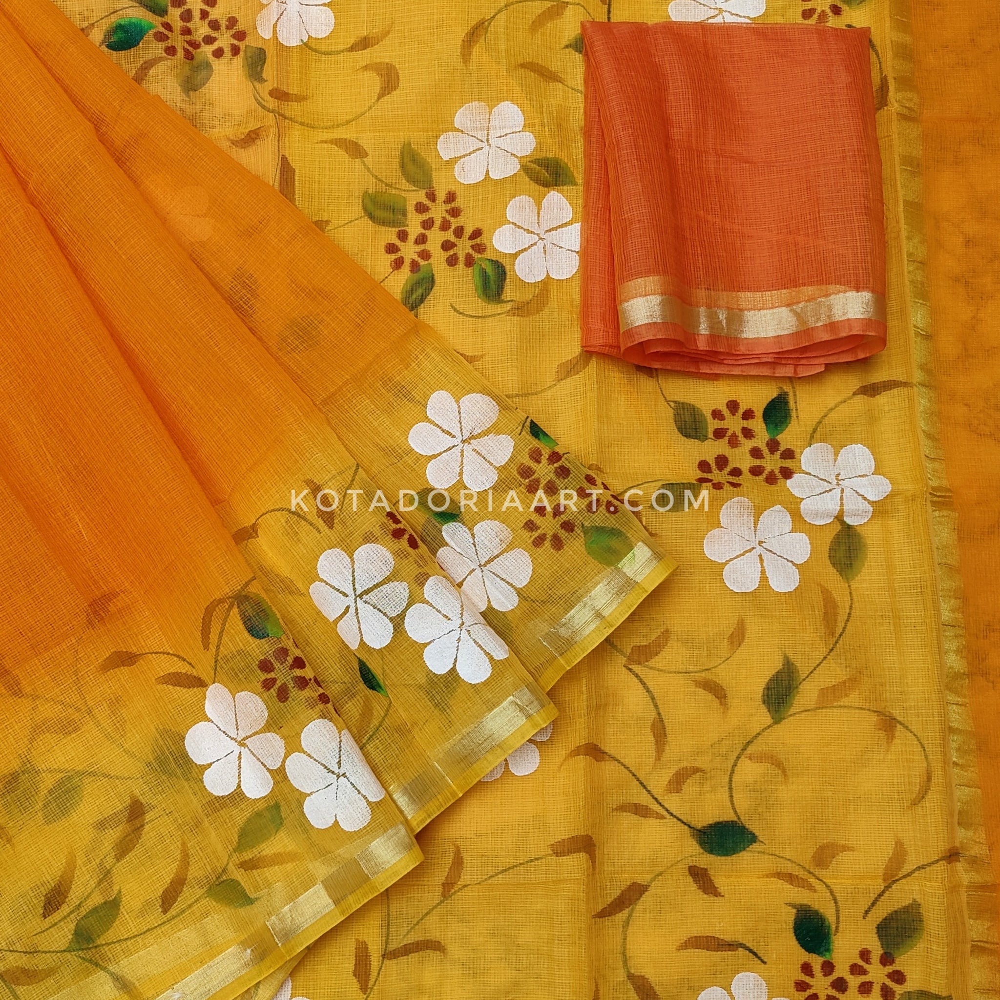 Yellow Cotton Kota Doria Hand Painted Saree With Contrast Blouse
