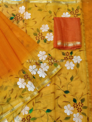 Yellow Cotton Kota Doria Hand Painted Saree With Contrast Blouse