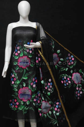 Black Kota Doria Cotton Hand Pented Dress Material With Bottom.