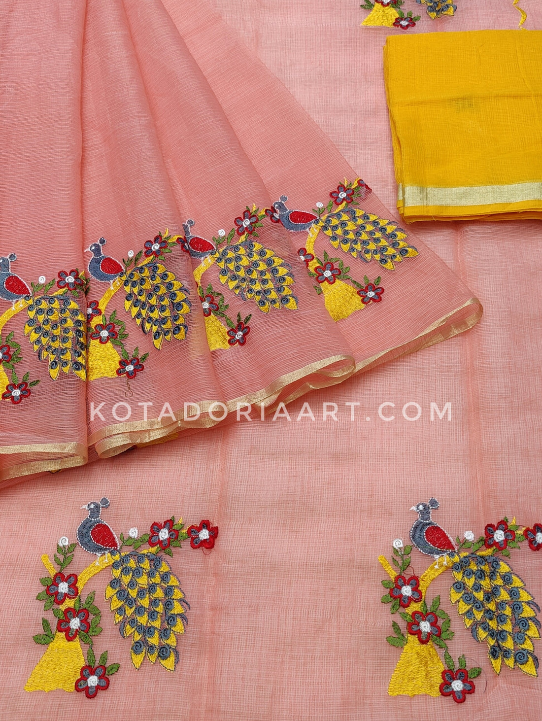 Peach Cotton Kota Doria Embroidery Work Saree With Contrast Blouse Piece