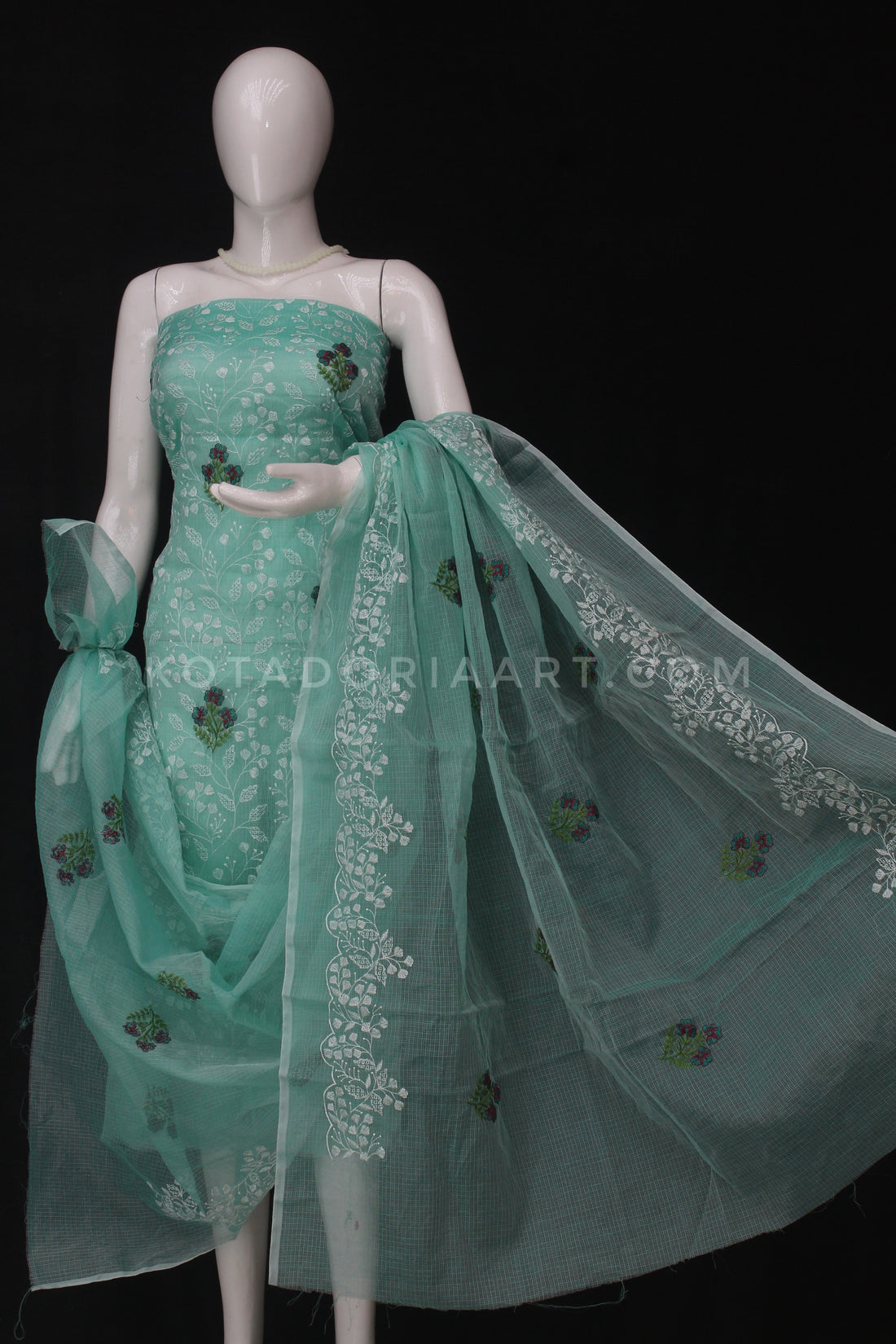 Sea-green Kota Doria Cotton Embroidery Work Dress Material