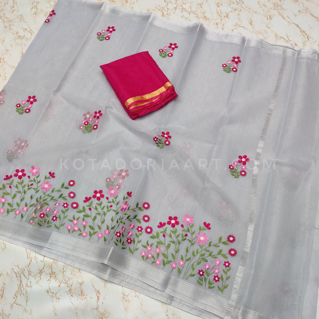 Gray Cotton Kota Doria Embroidery Work Saree With Contrast Blouse Piece
