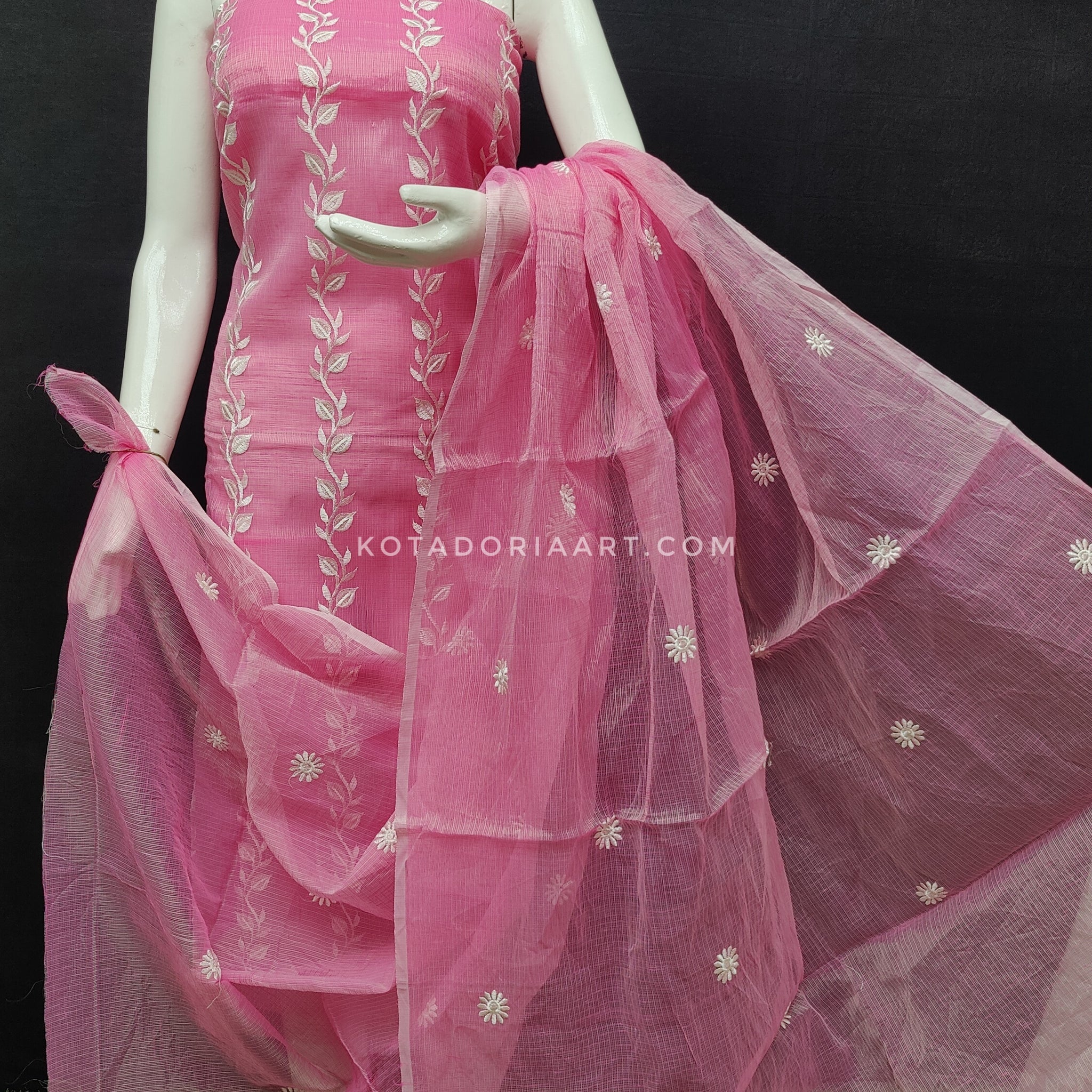 Pink Kota Doria Cotton Embroidery Work Dress Material