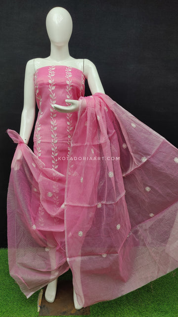 Pink Kota Doria Cotton Embroidery Work Dress Material