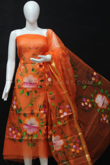 C7 Orange Kota Doria Cotton Hand Pented Dress Material With Bottom.