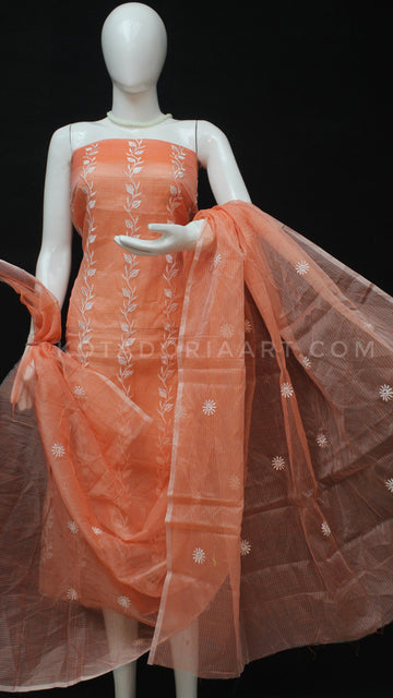 Orange Kota Doria Cotton Embroidery Work Dress Material