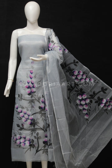 Gray Kota Doria Cotton Hand Pented Dress Material With Bottom.