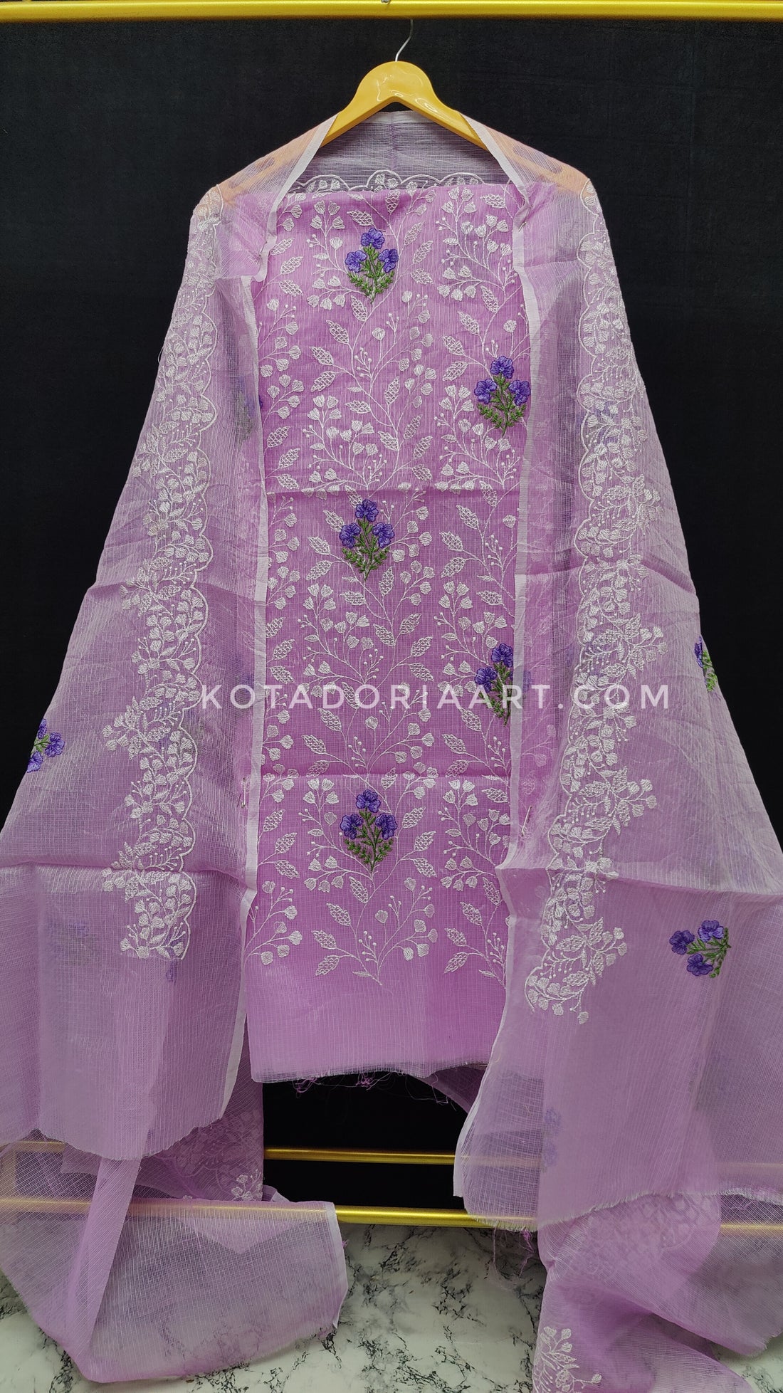 Purple Kota Doria Cotton Embroidery Work Dress Material