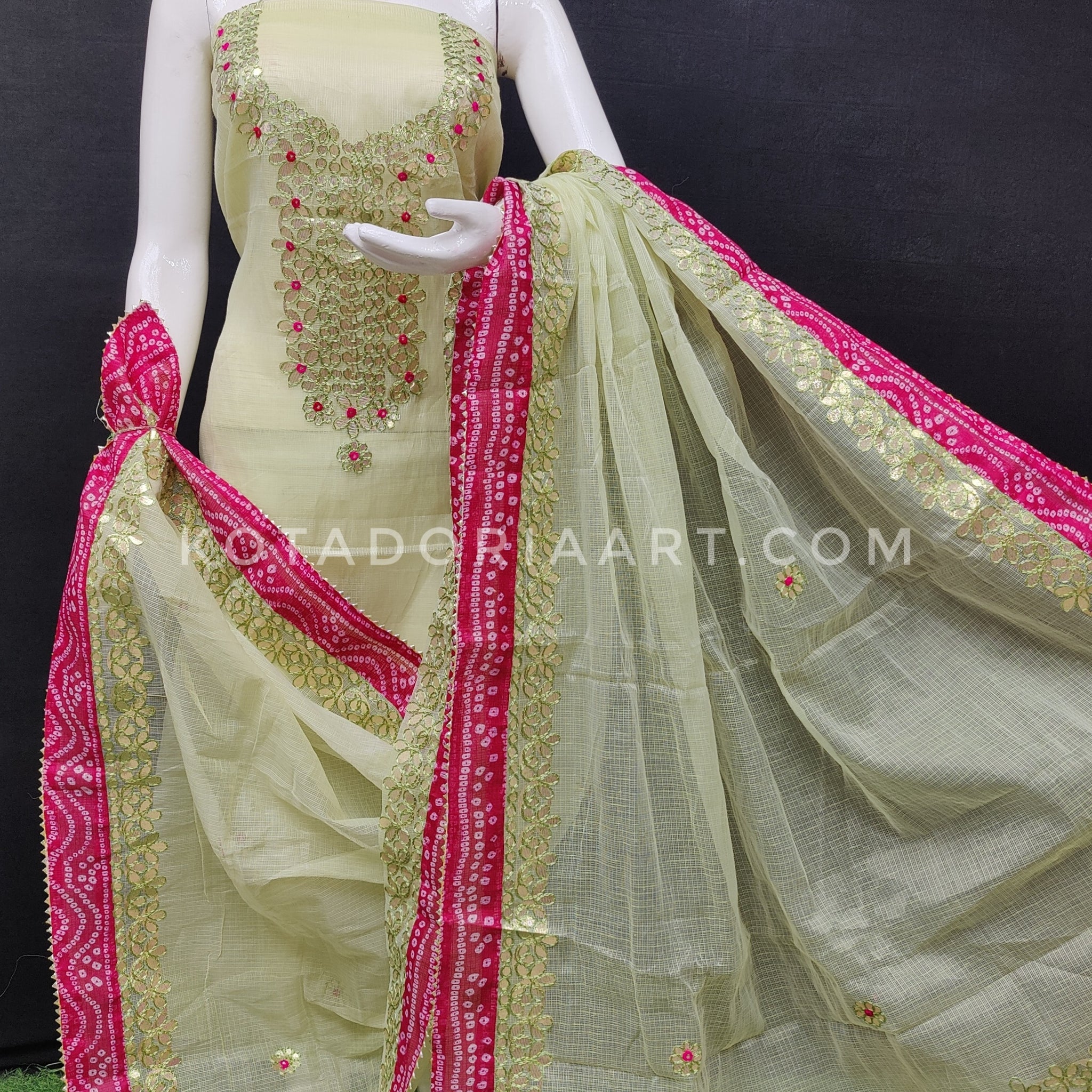 Pista-Green Bandhej Border Kota Doria Cotton Gota-Patti Work Dress Material
