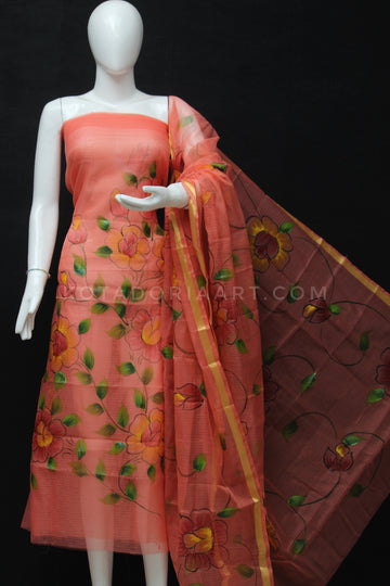 Carrot Kota Doria Cotton Hand Pented Dress Material With Bottom.