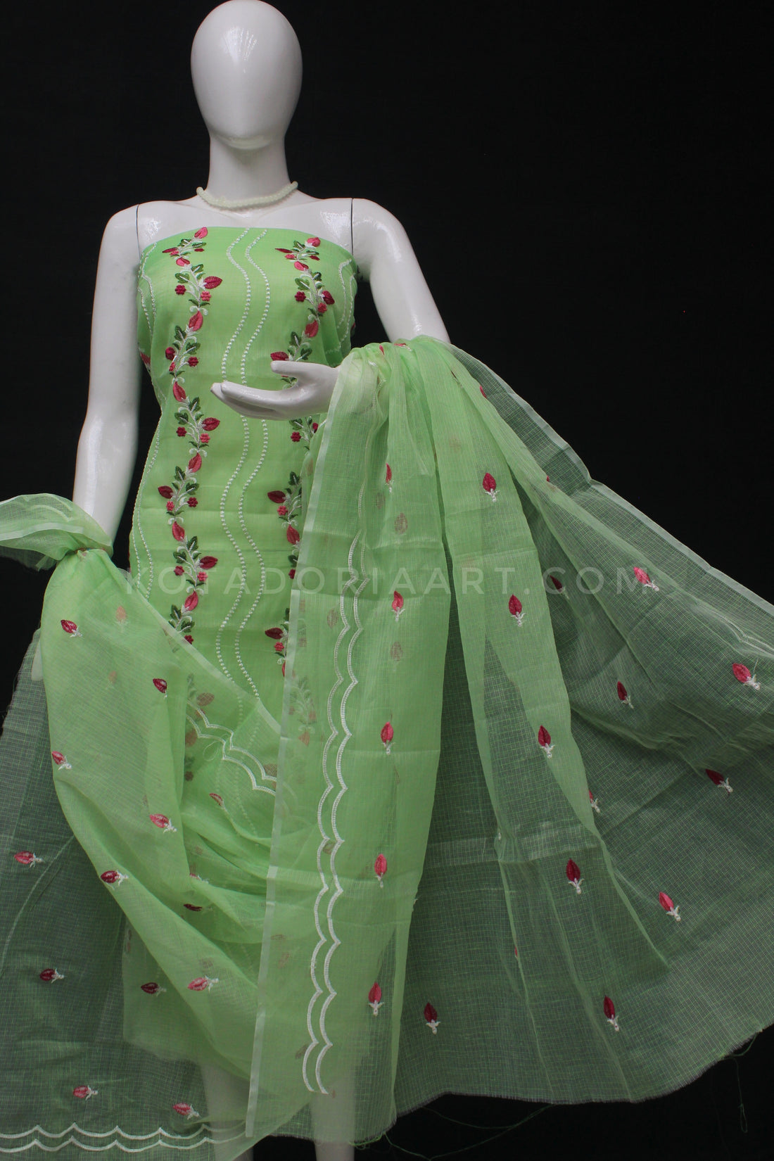 Green Kota Doria Cotton Embroidery Work Dress Material