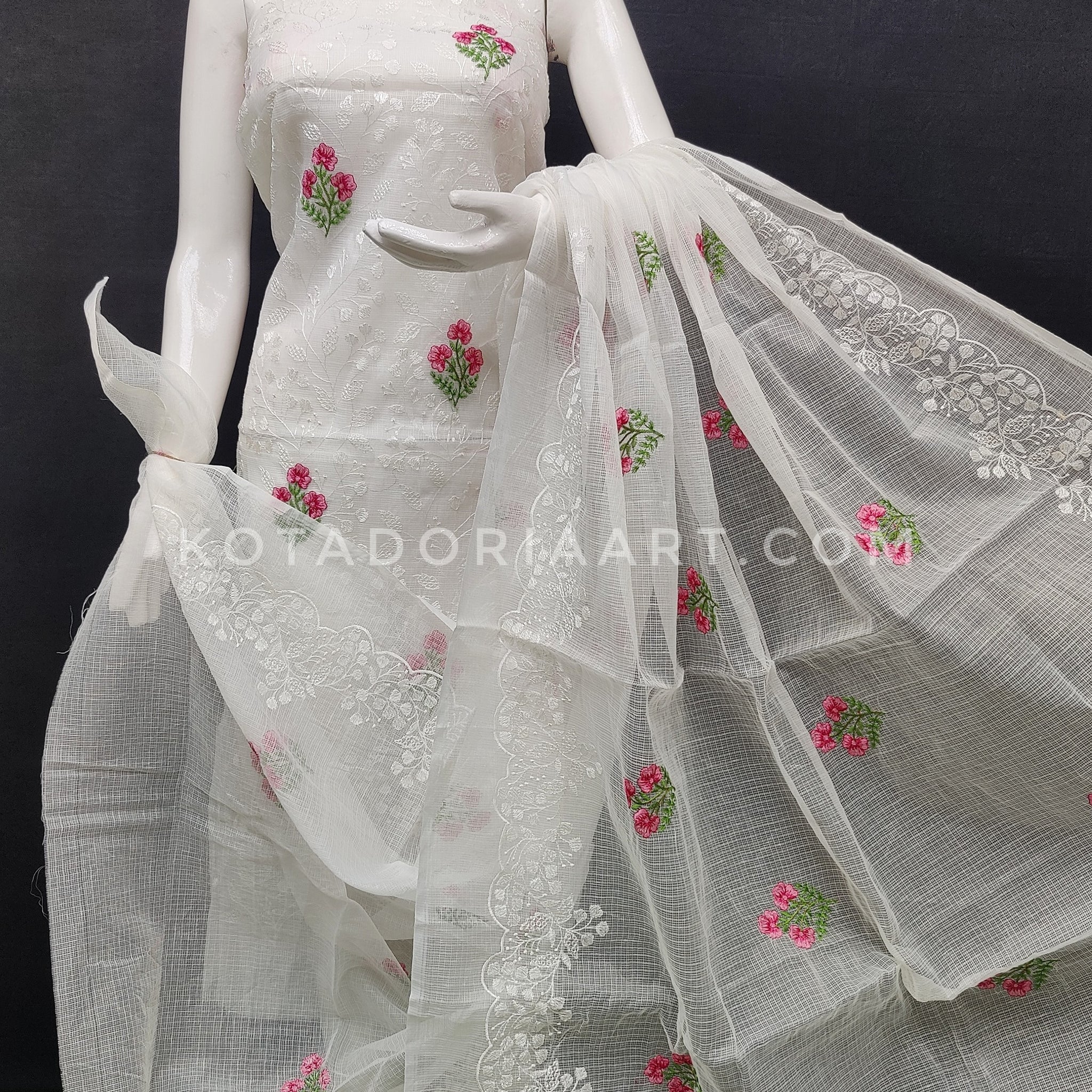 White Kota Doria Cotton Embroidery Work Dress Material