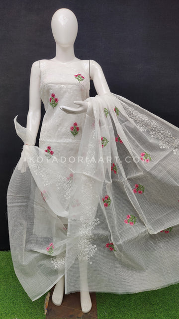 White Kota Doria Cotton Embroidery Work Dress Material