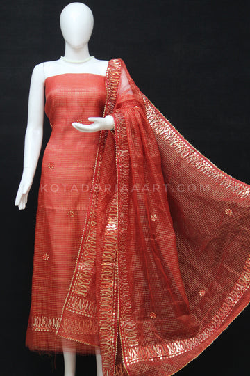 Red Kota Doria Cotton Gota-Patti Work Dress Material with Bottom