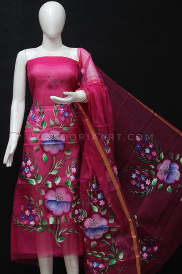Raani Kota Doria Cotton Hand Pented Dress Material With Bottom.