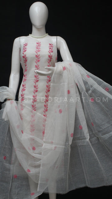 White Kota Doria Cotton Embroidery Work Dress Material