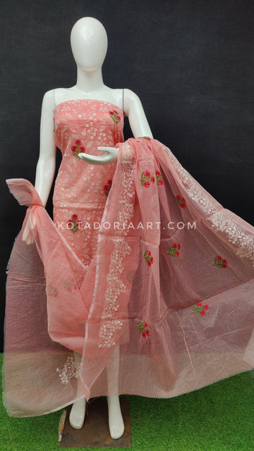 Peach Kota Doria Cotton Embroidery Work Dress Material -
