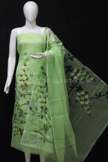 Green Kota Doria Cotton Hand Pented Dress Material With Bottom.