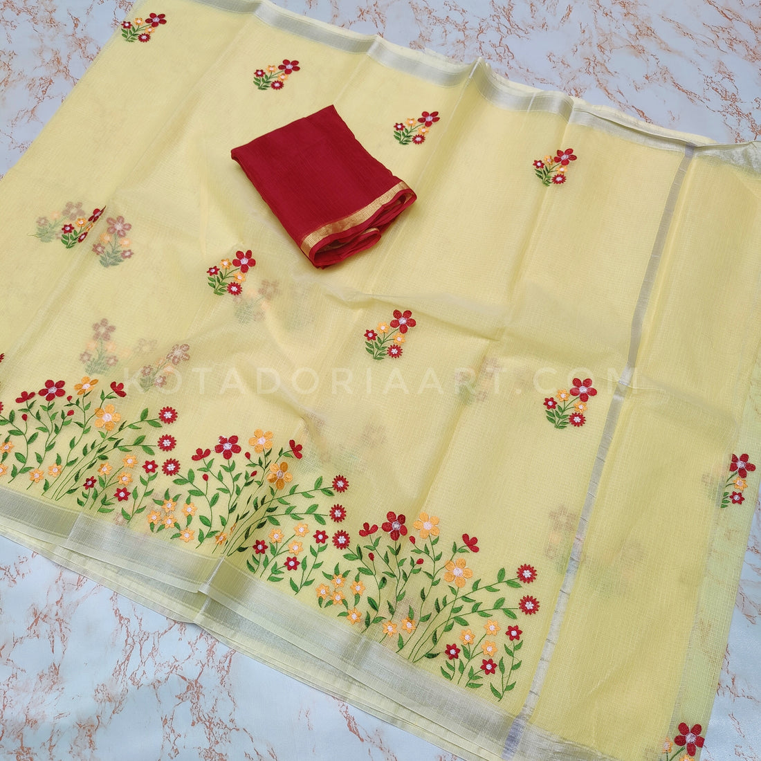 Yellow Cotton Kota Doria Embroidery Work Saree With Contrast Blouse Piece