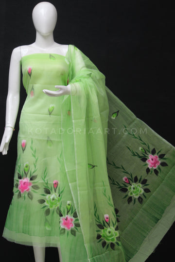 Green Kota Doria Cotton Hand Pented Dress Material With Bottom.