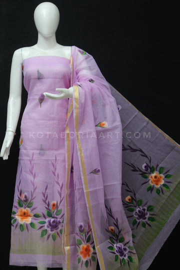 Purple Kota Doria Cotton Hand Pented Dress Material With Bottom.