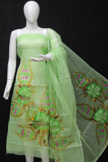 Green Doria Cotton Hand Pented Dress Material With Bottom.