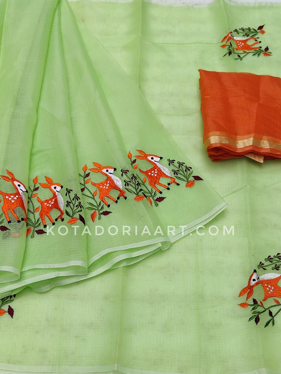 Green Cotton Kota Doria Embroidery Work Saree With Contrast Blouse Piece