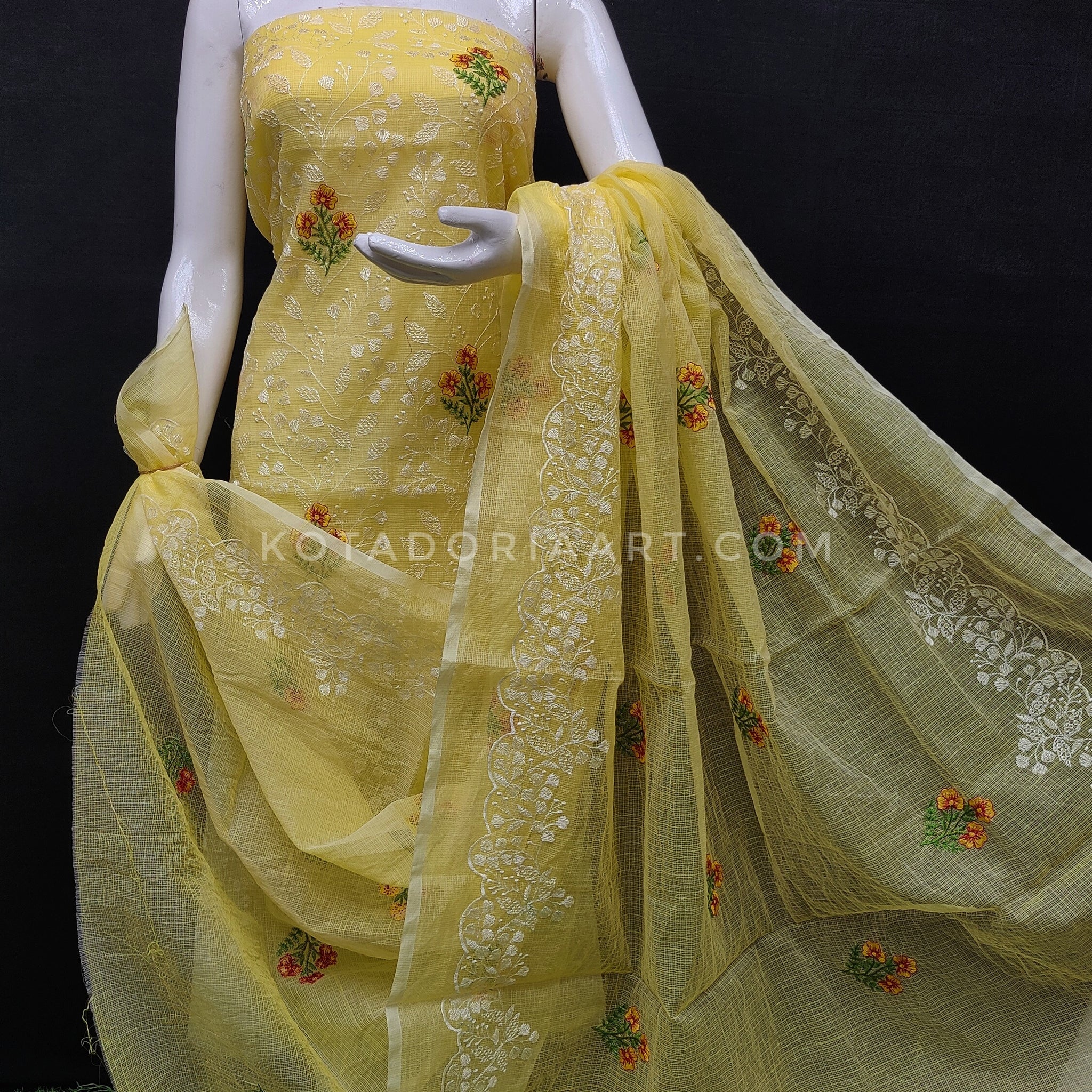 Yellow Kota Doria Cotton Embroidery Work Dress Material -