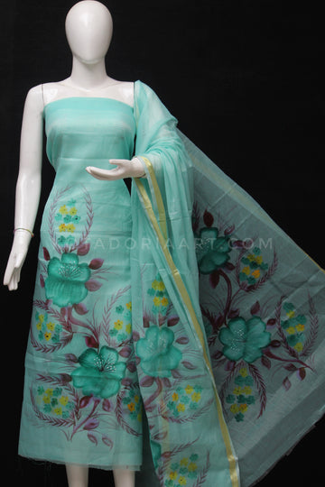 Sea Green Kota Doria Cotton Hand Pented Dress Material With Bottom.