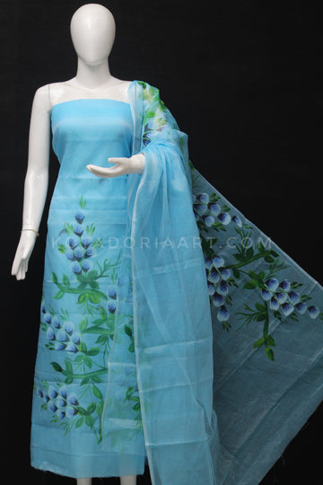 Sky-blue Kota Doria Cotton Hand Pented Dress Material With Bottom.