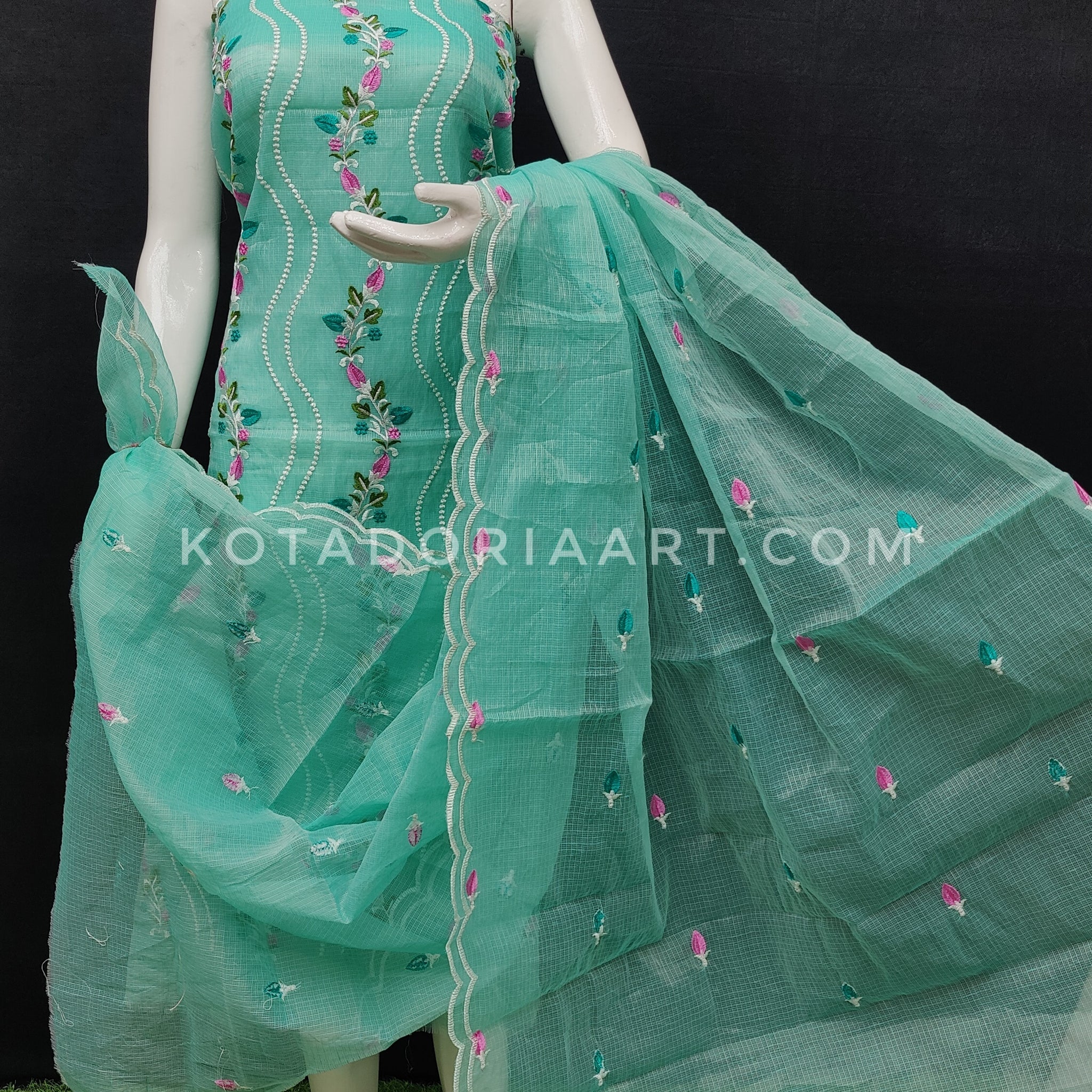 Sea Green Kota Doria Cotton Embroidery Work Dress Material